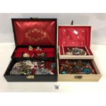 TWO BOXES OF ASSORTED COSTUME JEWELLERY, INCLUDING A PAIR OF 9CT GOLD EARRINGS, SILVER NECKLACE