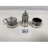 A THREE PIECE SILVER CONDIMENT SET BY GARRARD AND CO, HALLMARKED BIRMINGHAM 1955, LACKING ONE