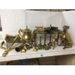 LARGE QUANTITY OF MIXED BRASS WARE, INCLUDING FIGURES OF DOGS, STAMP BOX, MINIATURE CANDLESTICKS AND