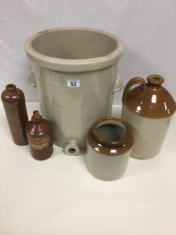 FIVE STONEWARE LIQUID STORAGE CONTAINERS, INCLUDING STEPHENS SCARLET WRITING FLUID NO 36 BY BOURNE