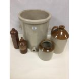 FIVE STONEWARE LIQUID STORAGE CONTAINERS, INCLUDING STEPHENS SCARLET WRITING FLUID NO 36 BY BOURNE