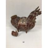 A LARGE PERUVIAN TORITO DE PUCARA POTTERY BULL LIQUID CONTAINER, RED IN COLOUR WITH HAND PAINTED