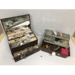 TWO LARGE JEWELLERY BOXES FULL OF COSTUME JEWELLERY, INCLUDING SOME SILVER