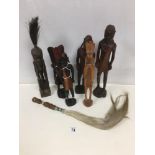 SIX CARVED WOOD TRIBAL ART FIGURES AND ANOTHER, LARGEST 41CM HIGH