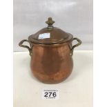 A FRENCH GAILLARD OF PARIS COPPER AND BRASS LINED LIDDED POT WITH TWIN HANDLES, STAMPED TO BASE
