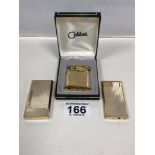 THREE VINTAGE COLIBRI LIGHTERS, ONE IN ORIGINAL FITTED BOX, ALL GOLD IN COLOUR