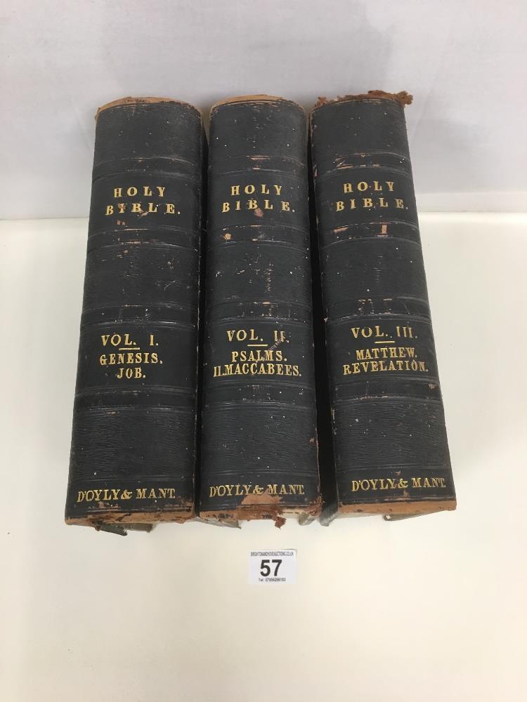 VICTORIAN LEATHER BOUND BIBLE IN THREE VOLUMES, PREPARED BY REV GEORGE D'OYLY AND REV RICHARD