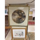 A FRAMED AND GLAZED CHINESE CIRCULAR WATERCOLOUR OF TREE BLOSSOM AND BOATS 64X64CMS TOGETHER WITH