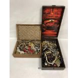 TWO BOXES OF COSTUME JEWELRY INCLUDING BROOCHES NECKLACES AND MORE