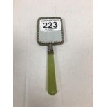 A ORIENTAL WHITE METAL MOUNTED PORCELAIN HAND MIRROR WITH JADEITE HANDLE, 14CM HIGH