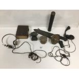 MIXED COLLECTIBLES, INCLUDING TWO VINTAGE COMMUNICATION HEADSETS, AN EMPTY LEATHER BOUND PHOTO