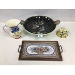 FOUR CERAMIC ITEMS, INCLUDING A CZECHOSLOVAKIAN POURING JUG AND LIDDED POT, CERAMIC WOOD MOUNTED