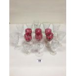 A COLLECTION OF MIXED GLASSWARE, INCLUDING A SET OF SIX CRANBERRY WINE GLASSES ETC