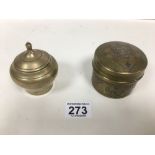 TWO BRASS LIDDED POTS, ONE WITH EMBOSSED MIDDLE EASTERN DECORATION, LARGEST 8.5CM HIGH