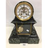 A 19TH CENTURY FRENCH SLATE AND MARBLE INLAY MANTEL CLOCK BY RAINGO FRERES, THE ENAMEL DIAL WITH