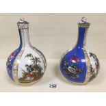 A PAIR OF 19TH CENTURY DRESDEN PORCELAIN LIDDED BOTTLE VASES WITH PAINTED PANELS OF FIGURES IN