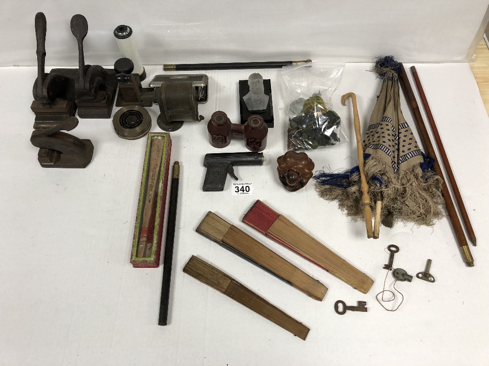 A GROUP OF ASSORTED COLLECTIBLES, INCLUDING FANS, CARVED WOODEN FIGURE, BOSTON PENCIL POINTER AND