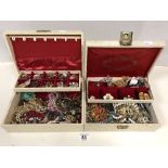 TWO JEWELLERY BOXES FULL OF COSTUME JEWELLERY, INCLUDING EARRINGS, BROOCHES, NECKLACES AND MORE