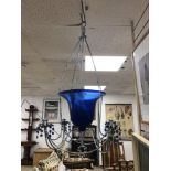 BLUE GLASS AND METAL CHANDELIER