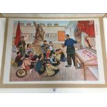 A CHINESE PROPAGANDA POSTER, DATED 1975, DEPICTING CHILDREN BEING TAUGHT IN A SCHOOL WITH NUMEROUS