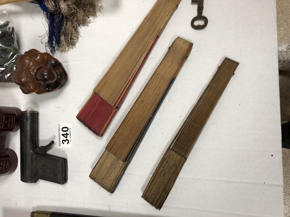 A GROUP OF ASSORTED COLLECTIBLES, INCLUDING FANS, CARVED WOODEN FIGURE, BOSTON PENCIL POINTER AND - Image 3 of 13