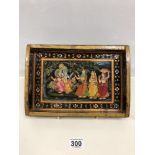 AN INDIAN LACQUERED WOOD TRAY WITH PAINTED GILT AND FLORAL DECORATION, 31CM WIDE