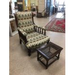 EDWARDIAN MAHOGANY HALL CHAIR IN WILLIAM MORRIS STYLE UPHOLSTERY WITH BERGERE FOOT STOOL