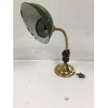 A BRASS ANGLEPOISE STYLE LAMP WITH GREEN AND WHITE ENAMEL SHADE, 62.5CM HIGH
