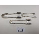 THREE PAIRS OF SILVER SUGAR TONGS, INCLUDING AN APOSTLE STYLE PAIR BY MAPPIN & WEBB, 67G