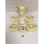 A CLARICE CLIFF TEA SET, COMPRISING TEA POT, FOUR CUPS AND SAUCERS, MILK JUG AND SUGAR BOWL,