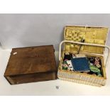 A VINTAGE WOODEN FIRST AID CASE WITH SOME OF ITS ORIGINAL CONTENTS, TOGETHER WITH A SEWING BOX, ALSO