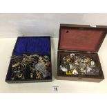 TWO BOXES OF ASSORTED COSTUME JEWELLERY INCLUDING NECKLACES, BROOCHES AND PENDANTS