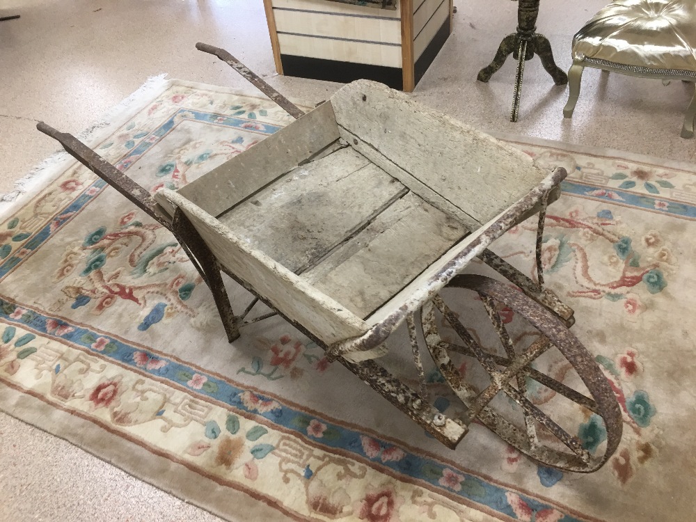 VINTAGE FRENCH WOODEN AND METAL FRAMED WHEELBARROW - Image 2 of 5