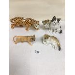 TWO BESWICK MODELS OF CHEETAHS TOGETHER WITH TWO GERMAN PORCELAIN MODELS OF CATS