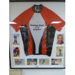 A PRESTON PARK Y.C.C CYCLING CLUB JERSEY SIGNED BY SIR CHRIS HOY, FRAMED AND GLAZED, 92CM BY 83CM