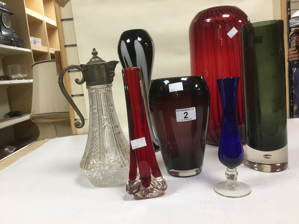 MAINLY COLLECTION OF ART GLASS INCLUDING LARGE RED VASE FROM HABITAT