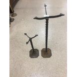 TWO VICTORIAN METAL JEWELLERY STANDS OF BARLEY TWIST FORM, LARGEST 76.5CM HIGH