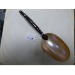 A LATE 19TH CENTURY EBONY AND MOTHER OF PEARL CAVIAR SPOON, 24.5CM IN LENGTH