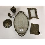 BRASS ITEMS, SUNDIAL, ART NOUVEAU MIRROR AND BRASS TRAY