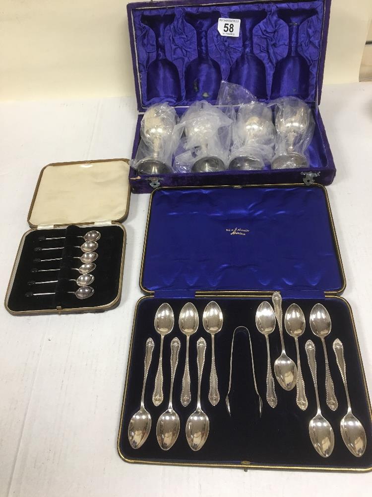 3 CASED EPNS ITEMS COFFEE BEAN SPOONS, 4 GOBLETS AND TEA SPOONS