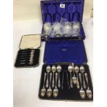 3 CASED EPNS ITEMS COFFEE BEAN SPOONS, 4 GOBLETS AND TEA SPOONS
