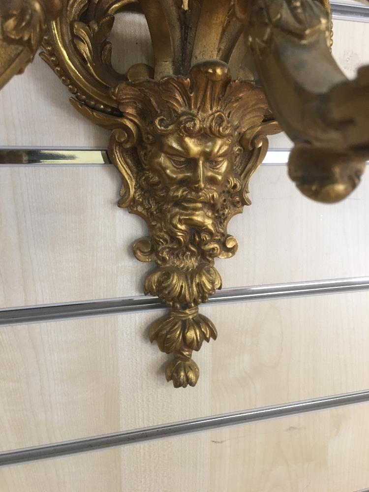 A PAIR OF GILT METAL THREE BRANCH WALL SCONCES, 80CM HIGH - Image 3 of 7