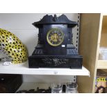 A LARGE SLATE MANTLE CLOCK, THE DIAL WITH GILT PAINTED ROMAN NUMERALS DENOTING HOURS, 46CM HIGH BY