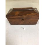 A VICTORIAN ROSEWOOD SARCOPHAGUS SHAPED TEA CADDY WITH TWIN HANDLES, THE INTERIOR WITH TWO LIDDED