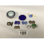 ASSORTED SILVER AND WHITE METAL ITEMS, INCLUDING TWO SILVER LIDS WITH GUILLOCHE ENAMEL TOPS,