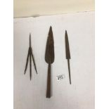 THREE ANTIQUE IRON ARROW HEADS OF VARYING SHAPES AND SIZES, 39.5CM LONG