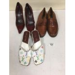 A PAIR OF LOUIS VUITTON LADIES OPEN TOE LOGO SHOES ON WHITE GROUND, SIZE 40, TOGETHER WITH TWO OTHER