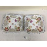 A PAIR OF CONTINENTAL PORCELAIN BON BON DISHES, SQUARE FORM WITH PIERCED FRETWORK DETAILING, MARK TO