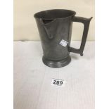 A VICTORIAN QUART PEWTER MEASURING CUP, IMPRESSED MARK TO SIDE "VR451" 16.5CM HIGH