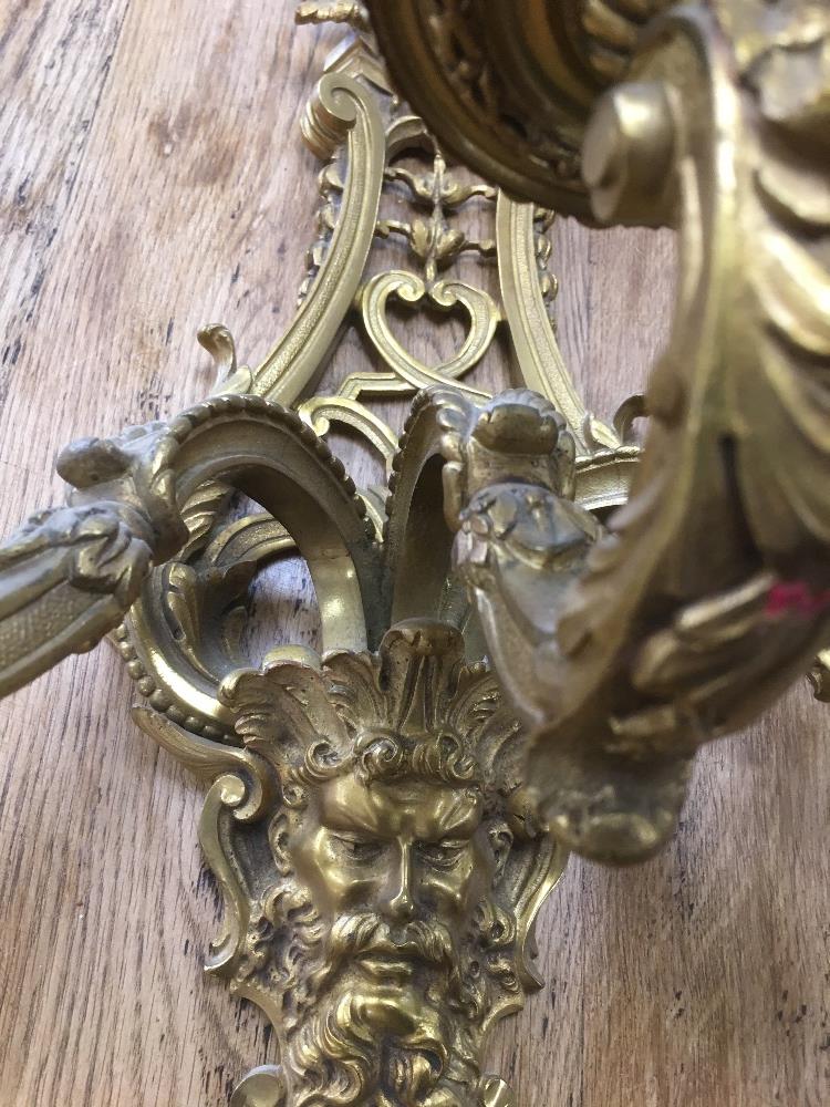 A PAIR OF GILT METAL THREE BRANCH WALL SCONCES, 80CM HIGH - Image 6 of 7